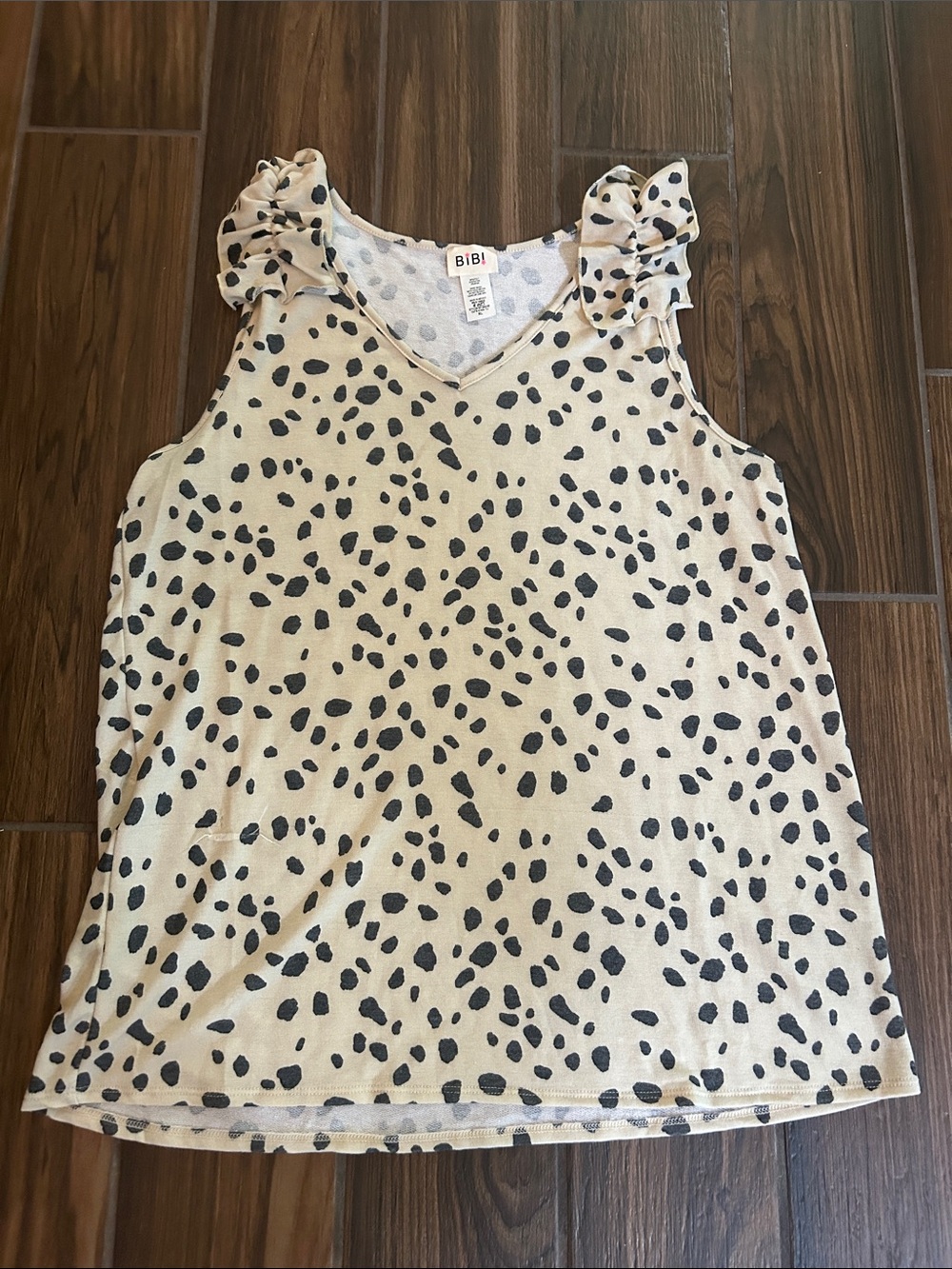 BiBi Cream and Black Spotted Ruffle-Shoulder Tank